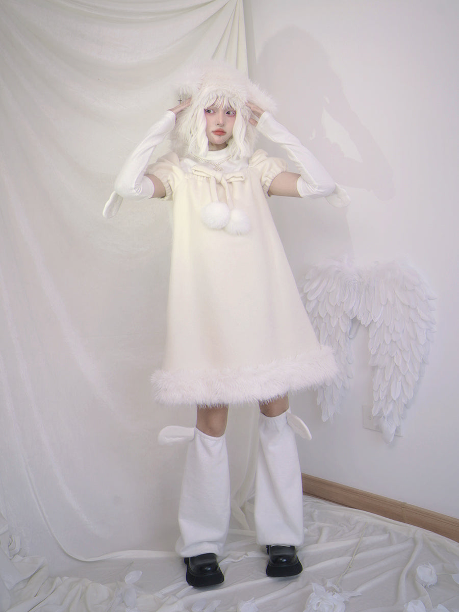 Hair Ball Bow Puff Sleeve Dress