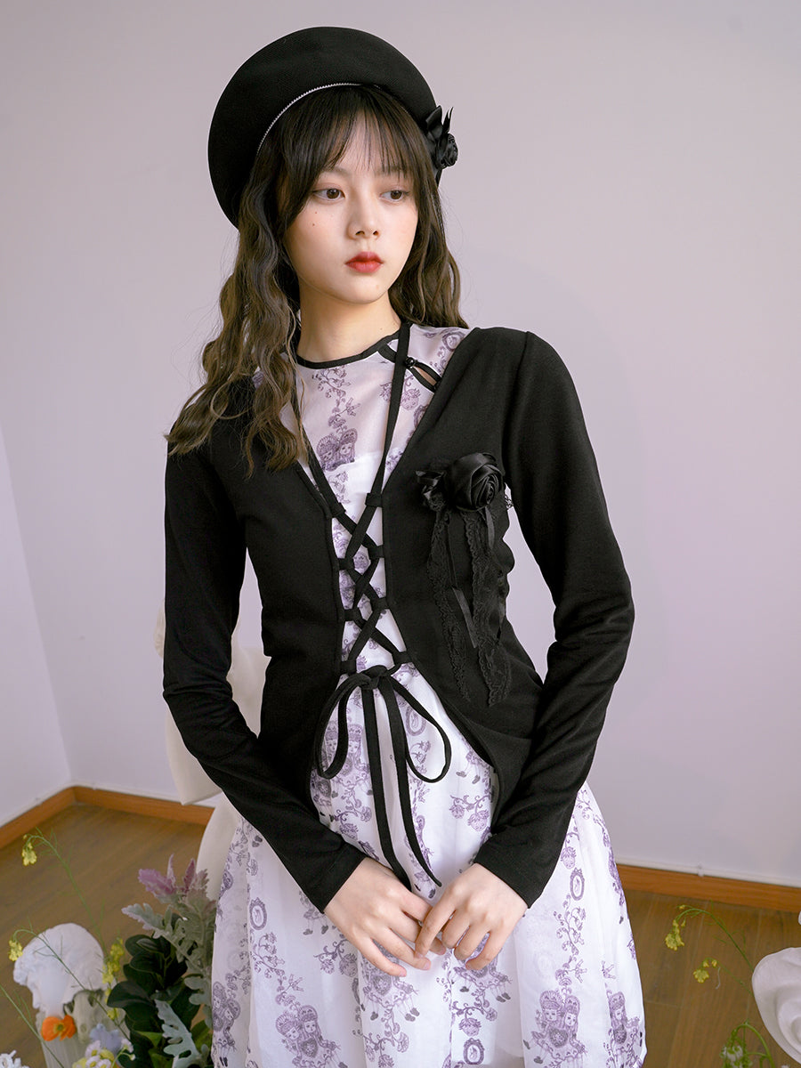 Lace-up Rose Retro Sweet Cardigan