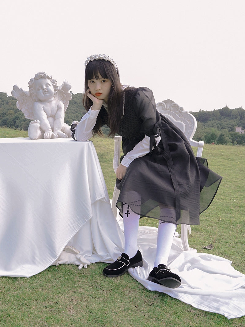 Monotone Ribbon Fluffy Ciffon One-piece