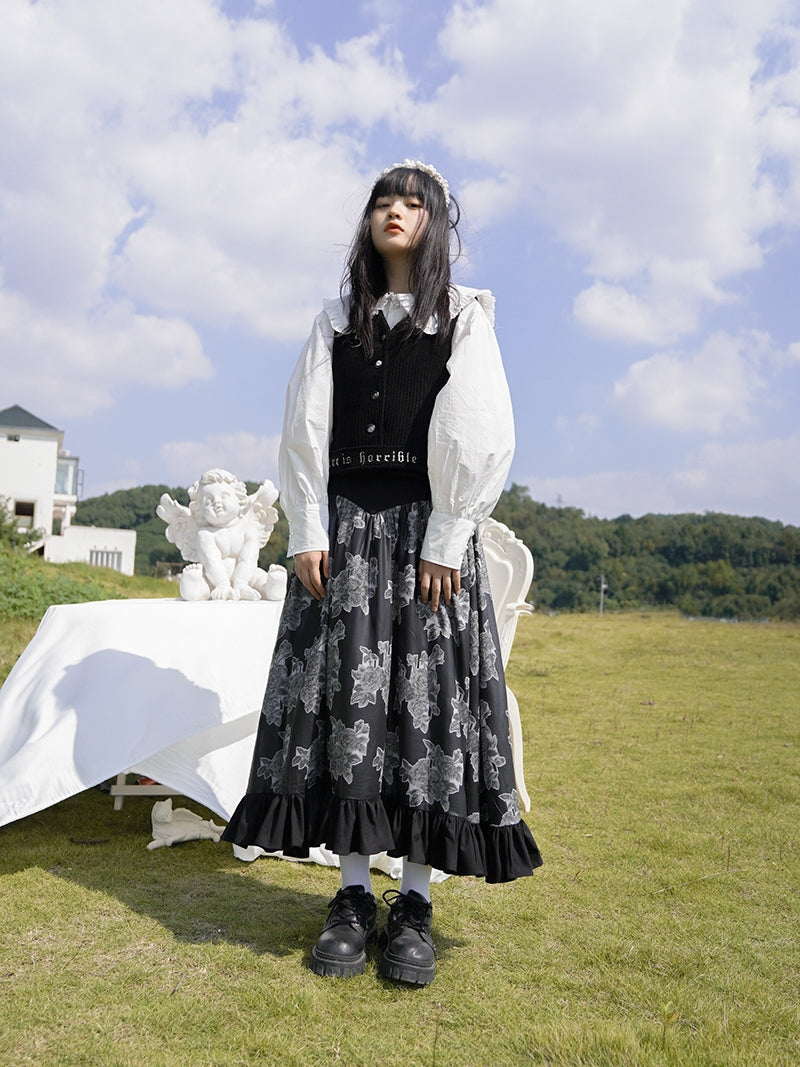 Tiered Frill Flower Retro Monotone Long Skirt