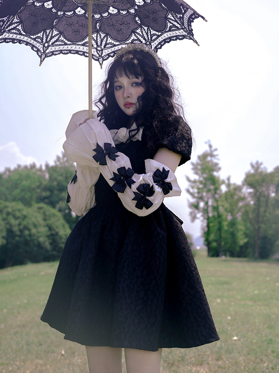 Bow Jacquard Short-sleeved Short Dress