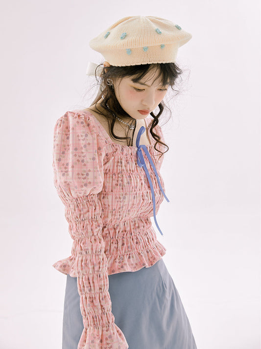 Wrinkled Gather Peplum Power-shoulder Blouse