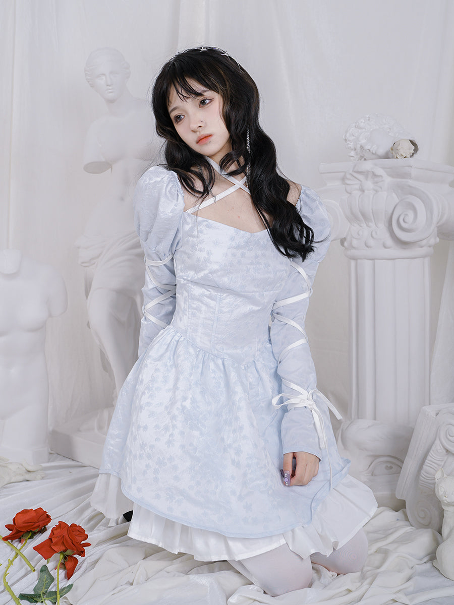 Cross Lace Grily Fluffy Ouff-sleeves One-piece