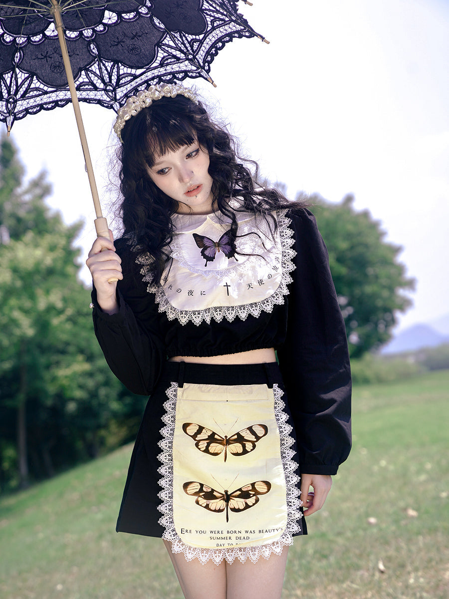 Butterfly Cross Print Lace Embroidered Short Shirt