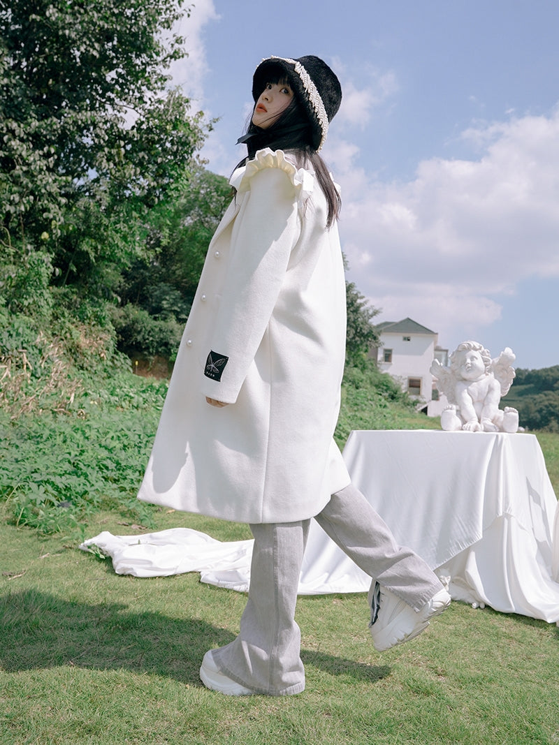 Frill Wool Girly Pearl-button Long-coat