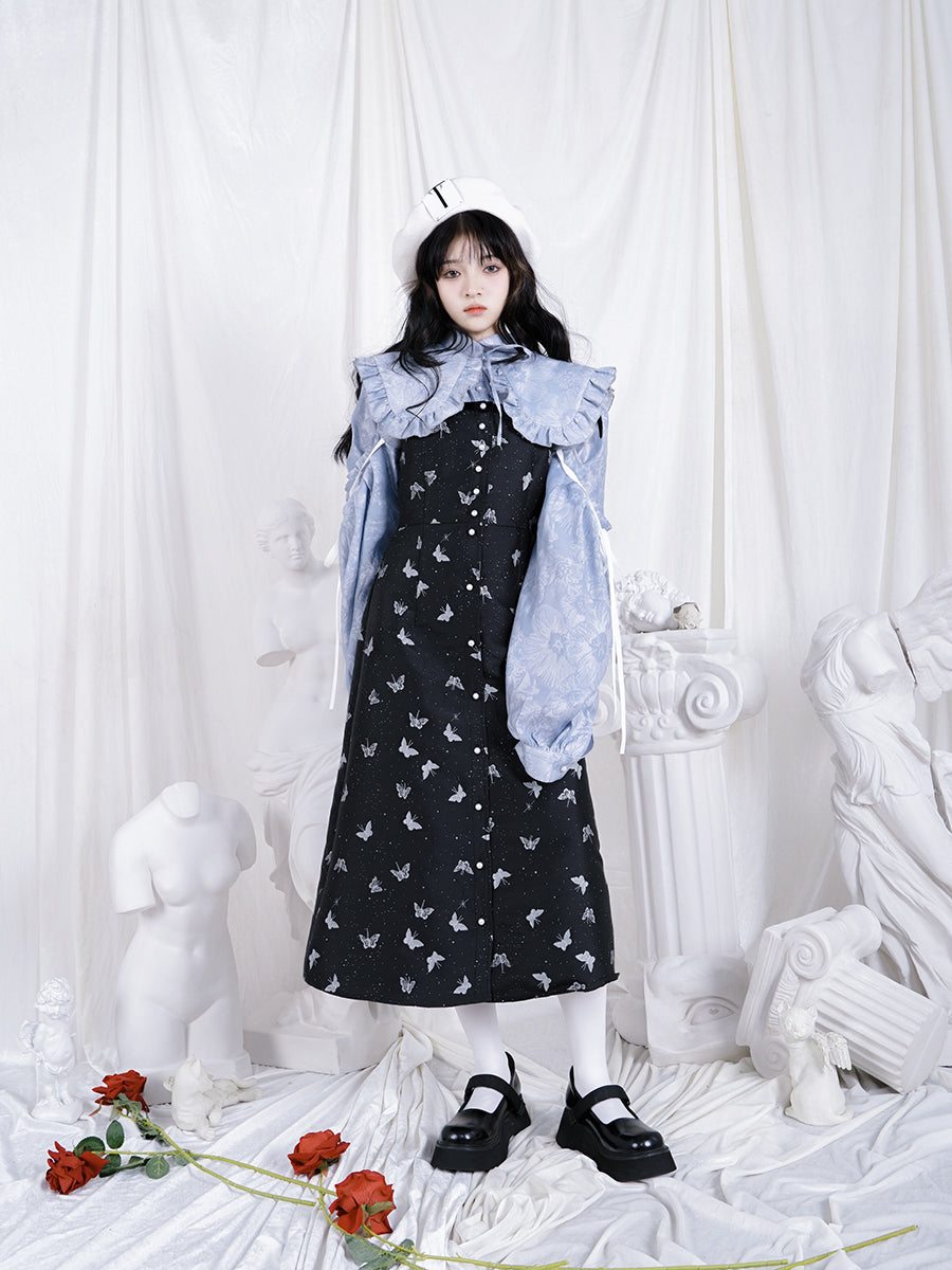 Frill Ribbon Balloon-sleeves Gloss Flower Blouse