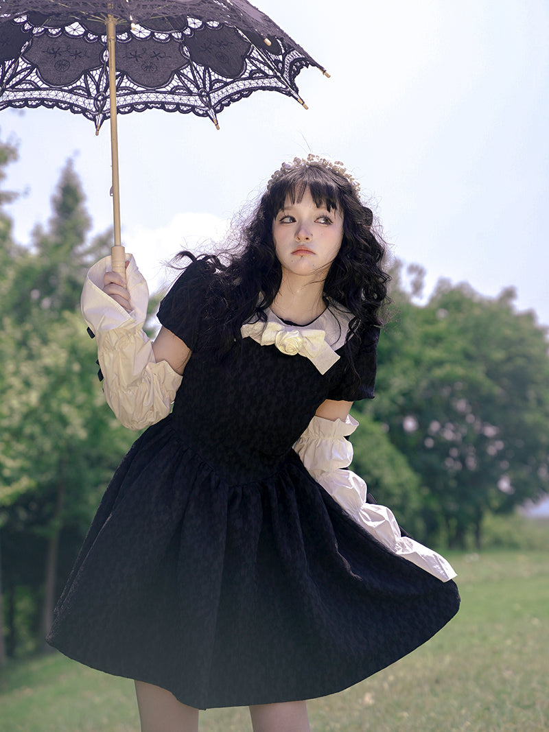 Bow Jacquard Short-sleeved Short Dress