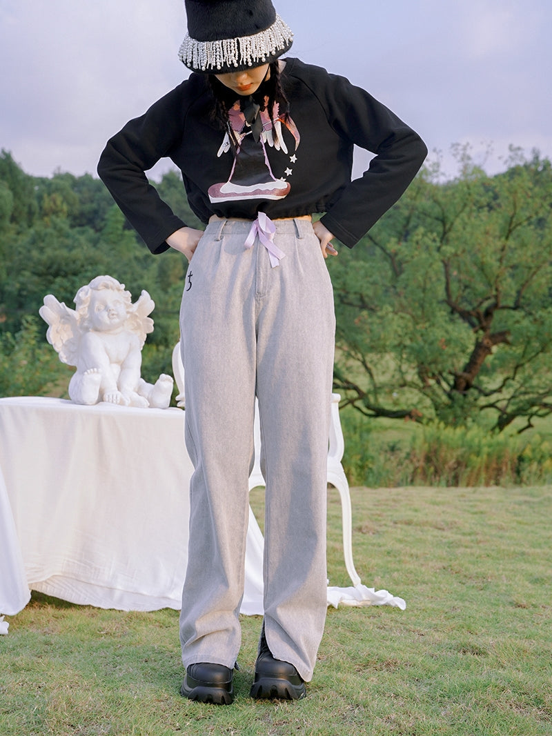 Casual Straight Denim Slit Pants