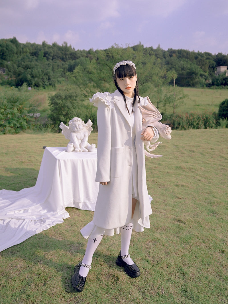 Frill Wool Girly Pearl-button Long-coat