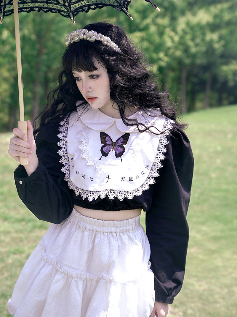 Butterfly Cross Print Lace Embroidered Short Shirt