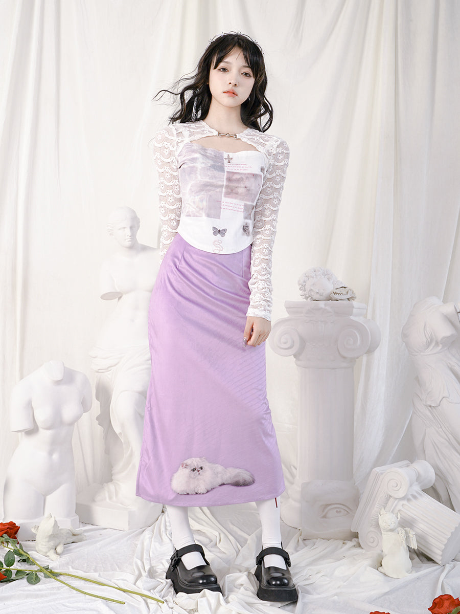 Cat Pencil Slit Unique Retro Long Skirt