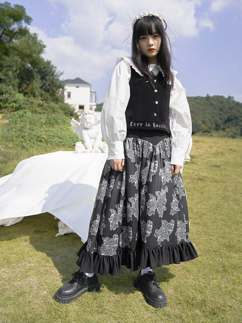 Tiered Frill Flower Retro Monotone Long Skirt