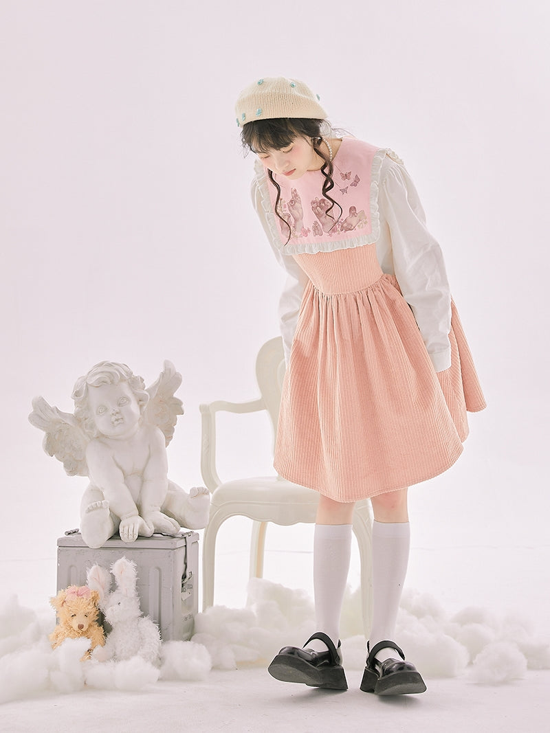 Corduroy Ribbon Fluffy Cute One-piece