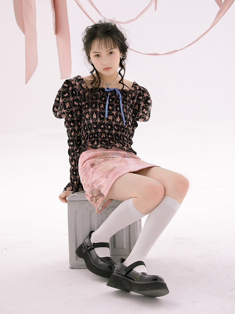 Wrinkled Gather Peplum Power-shoulder Blouse