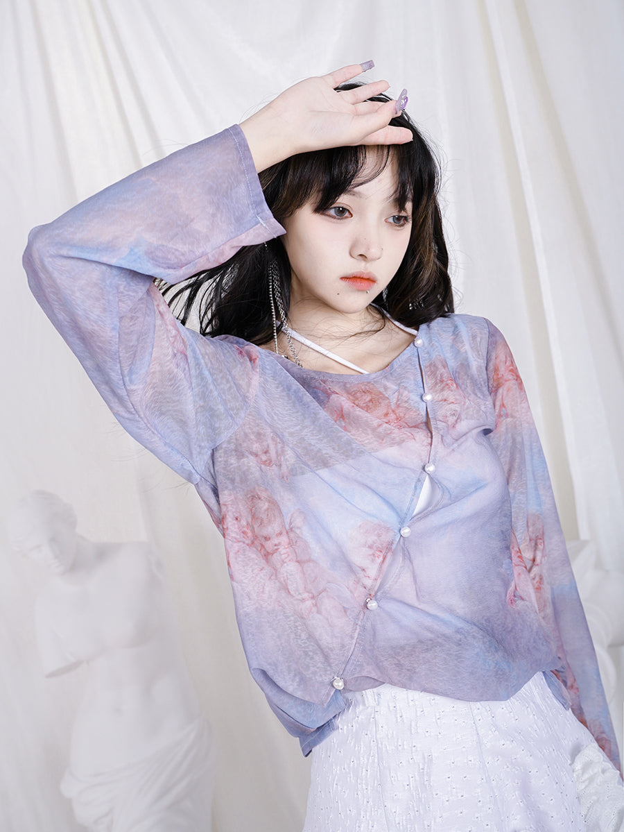 Pale Angel Sheer Loose Pearl-button Cutsew