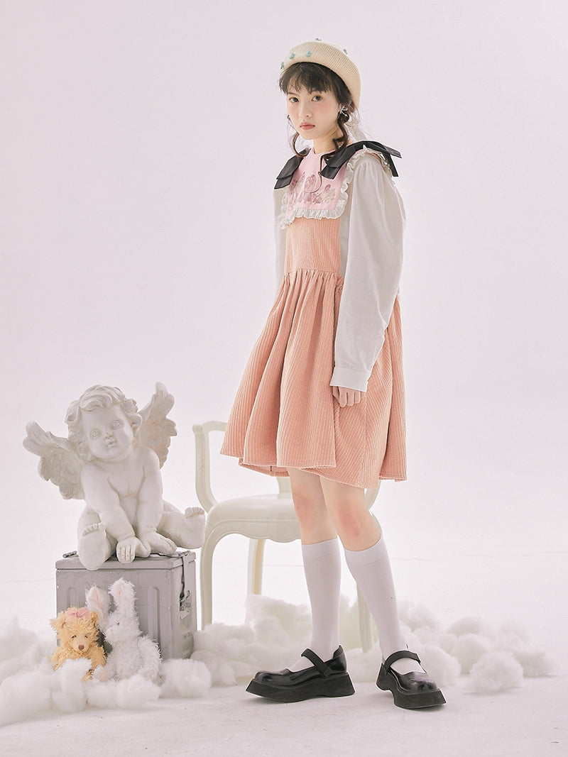 Corduroy Ribbon Fluffy Cute One-piece
