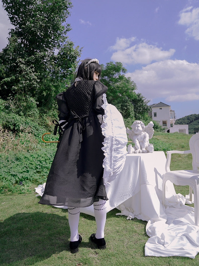 Monotone Ribbon Fluffy Ciffon One-piece