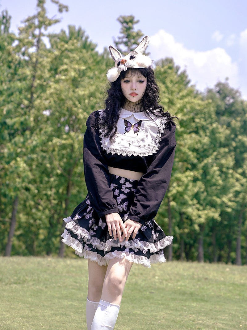 Butterfly Cross Print Lace Embroidered Short Shirt