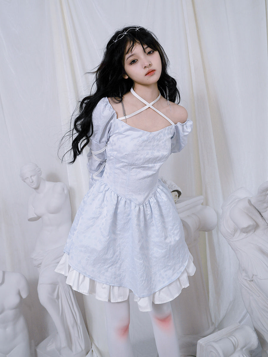 Cross Lace Grily Fluffy Ouff-sleeves One-piece