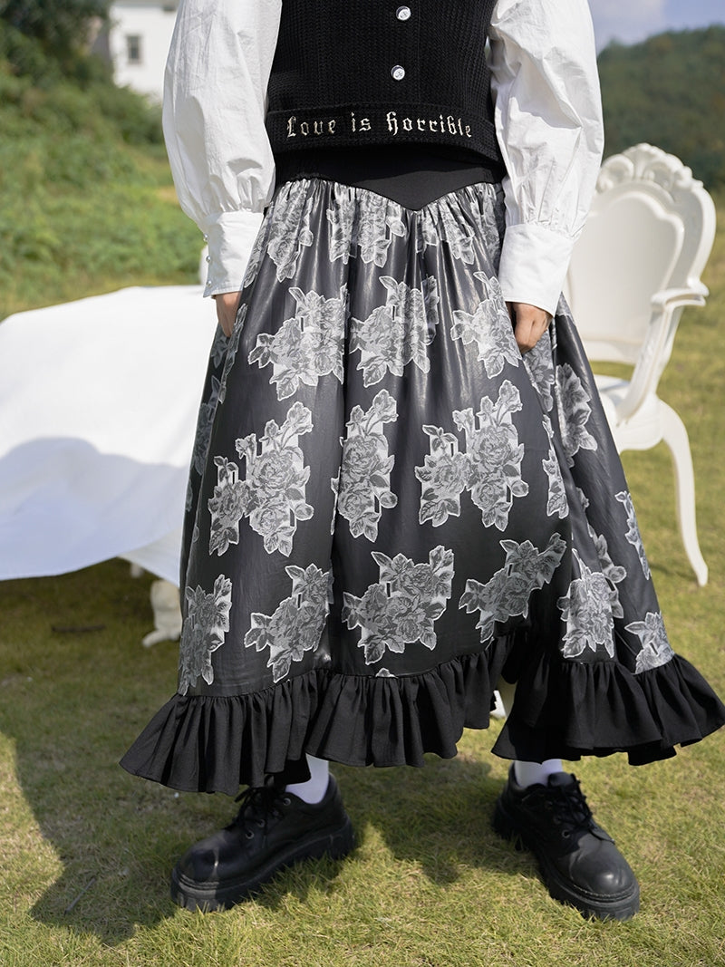 Tiered Frill Flower Retro Monotone Long Skirt