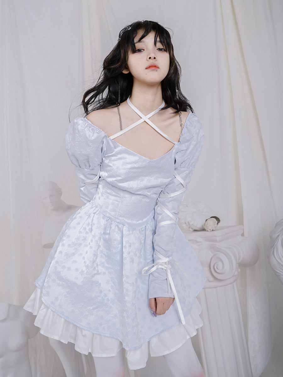 Cross Lace Grily Fluffy Ouff-sleeves One-piece