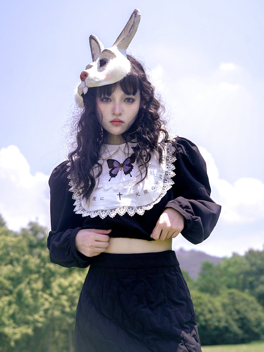 Butterfly Cross Print Lace Embroidered Short Shirt