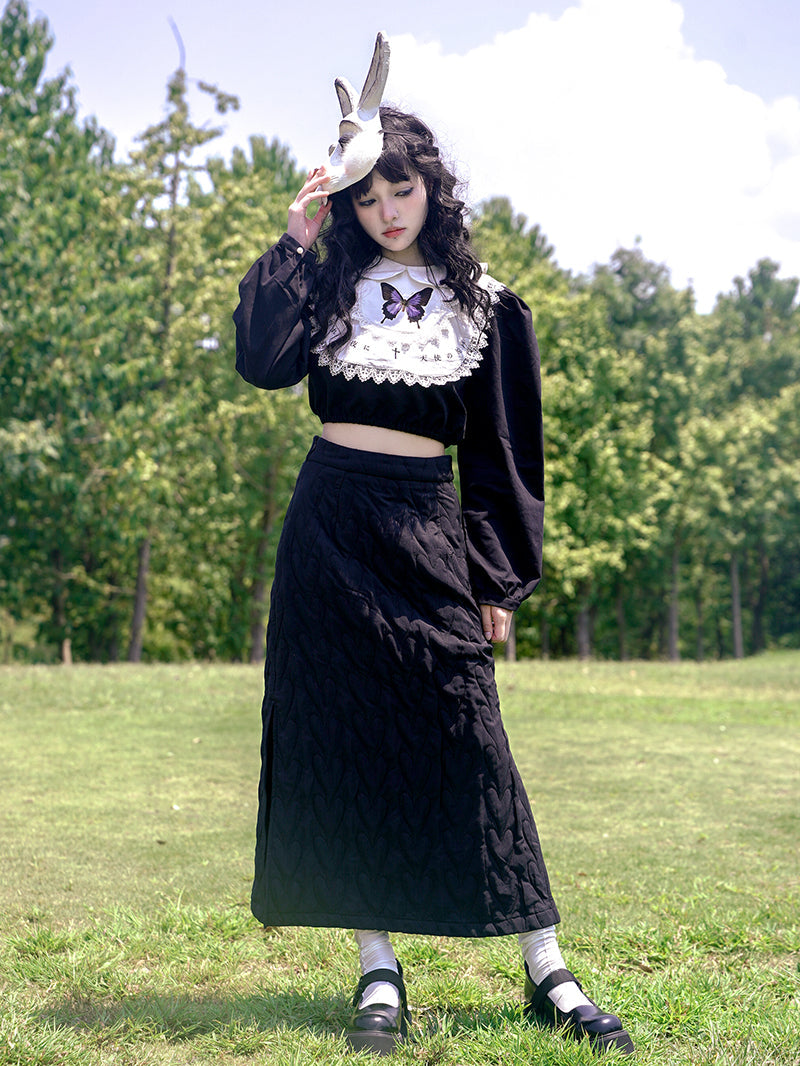 Butterfly Cross Print Lace Embroidered Short Shirt