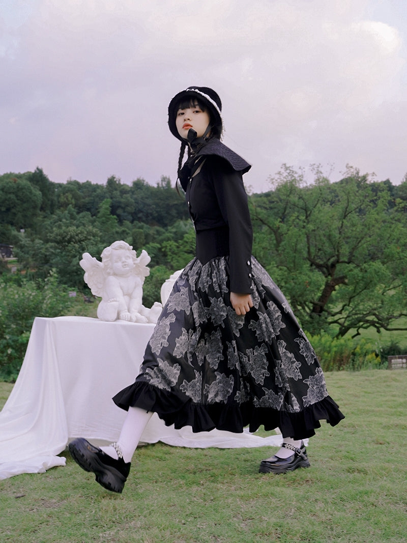 Tiered Frill Flower Retro Monotone Long Skirt