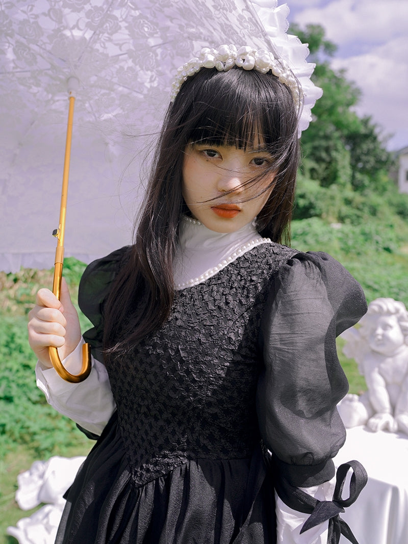 Monotone Ribbon Fluffy Ciffon One-piece