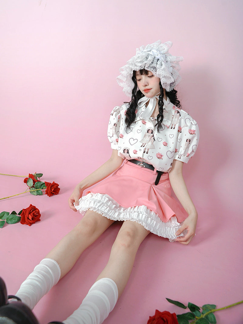 Antique Doll Rose Pearl Print Puff Sleeve Shirt