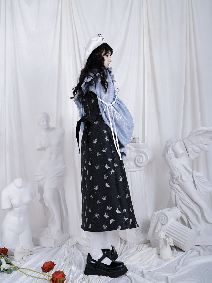 Frill Ribbon Balloon-sleeves Gloss Flower Blouse