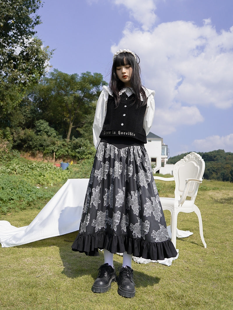 Tiered Frill Flower Retro Monotone Long Skirt