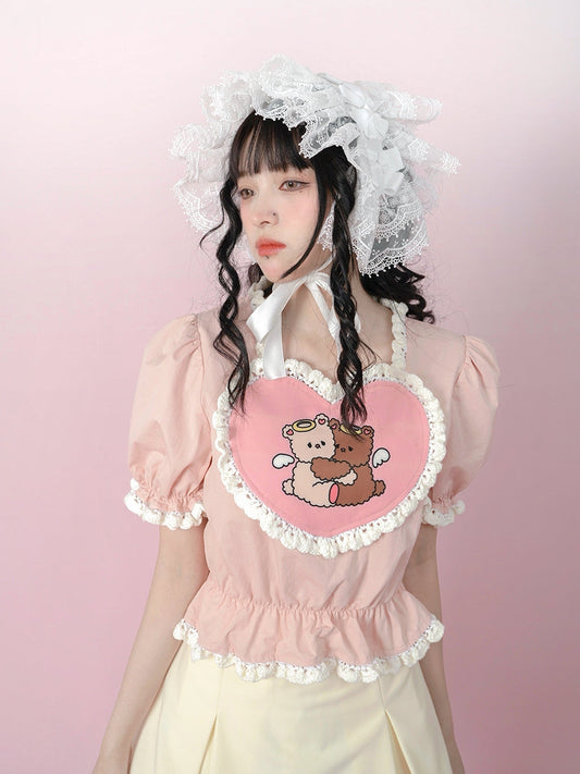 Angel Hug Bear Print Love Pink Shirt