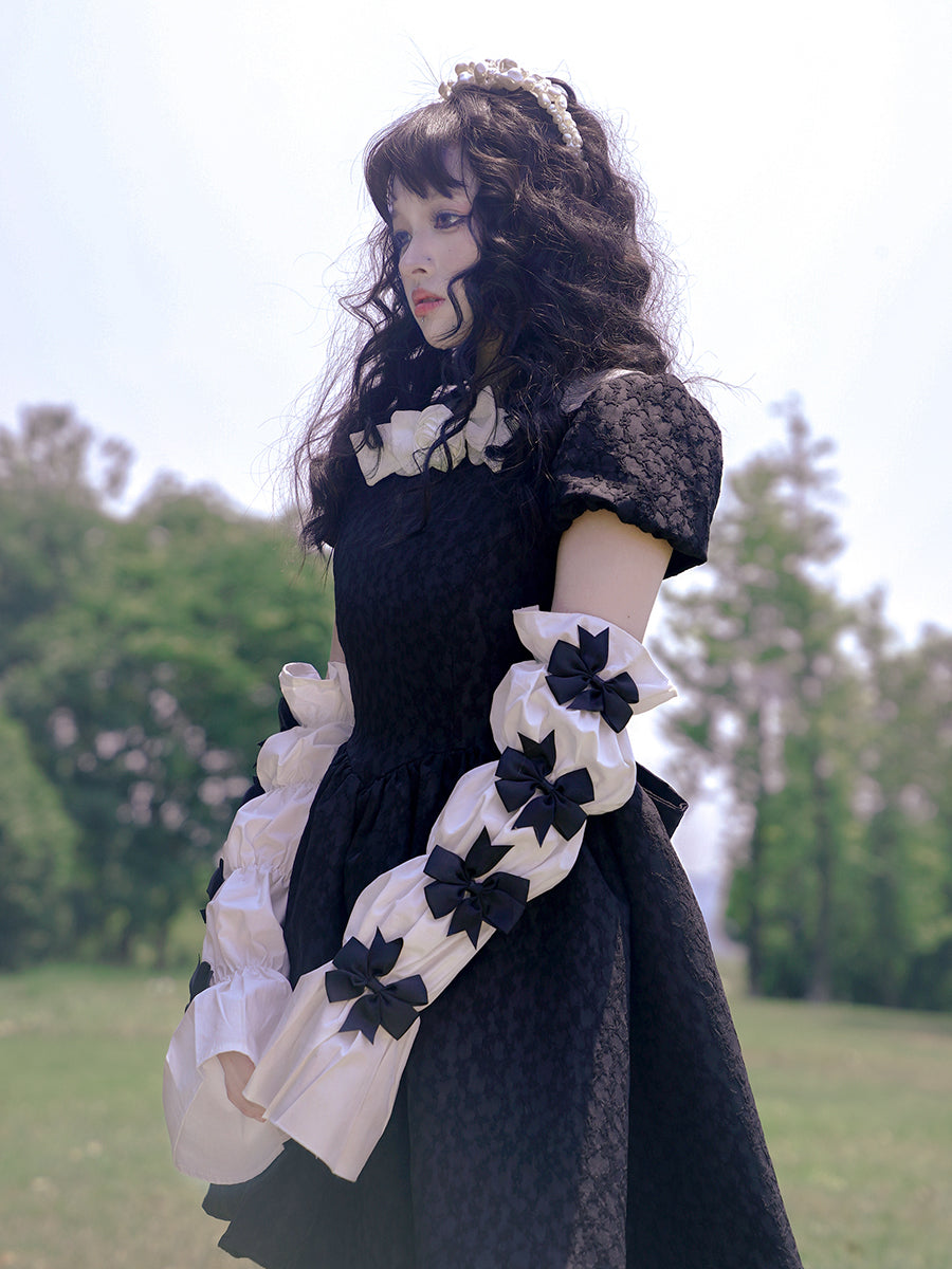 Bow Jacquard Short-sleeved Short Dress