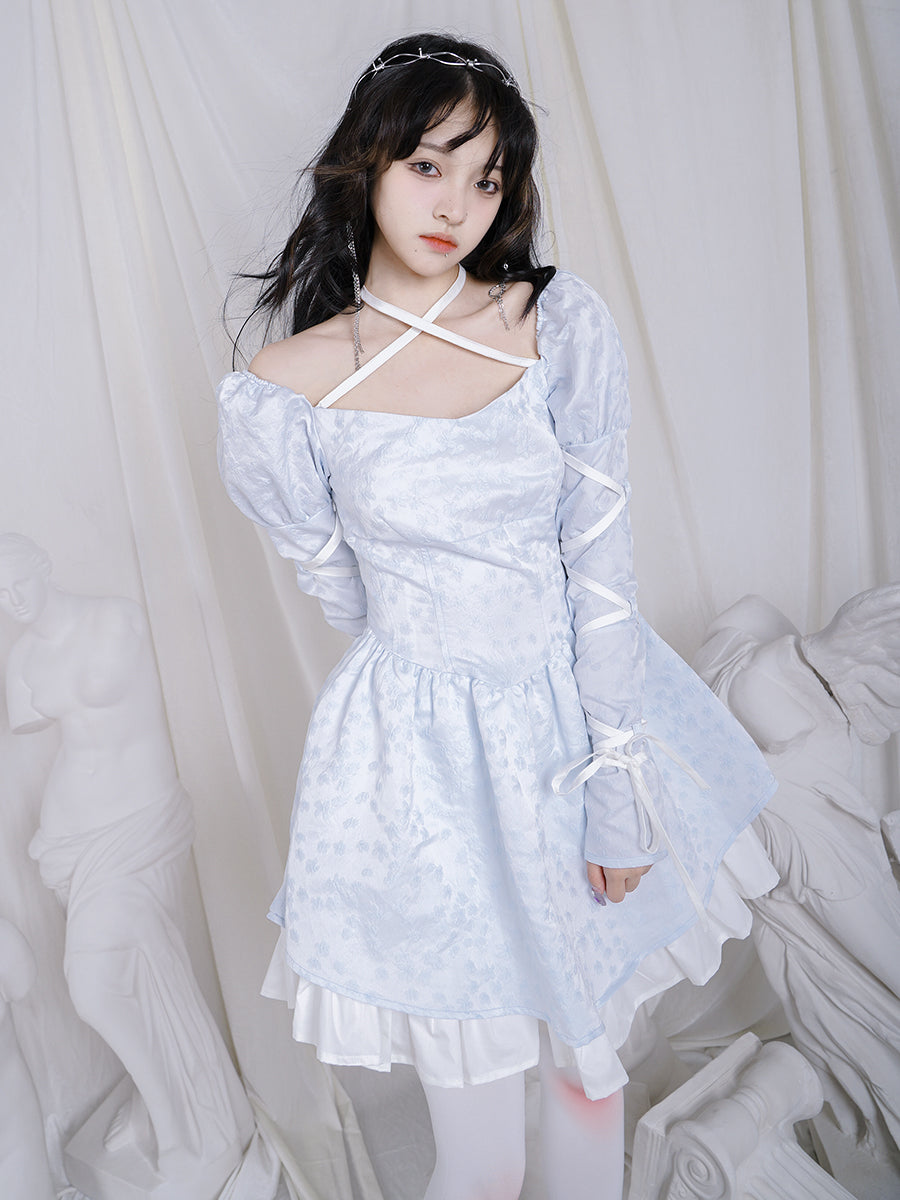 Cross Lace Grily Fluffy Ouff-sleeves One-piece