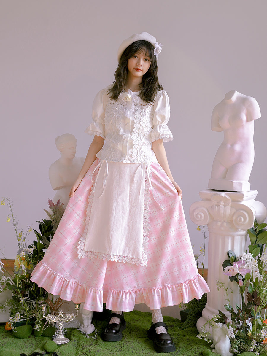 Plaid Flower Cute Frill Tiered Fluffy Skirt