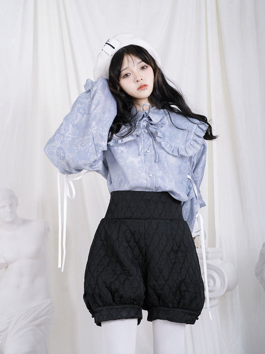 Frill Ribbon Balloon-sleeves Gloss Flower Blouse