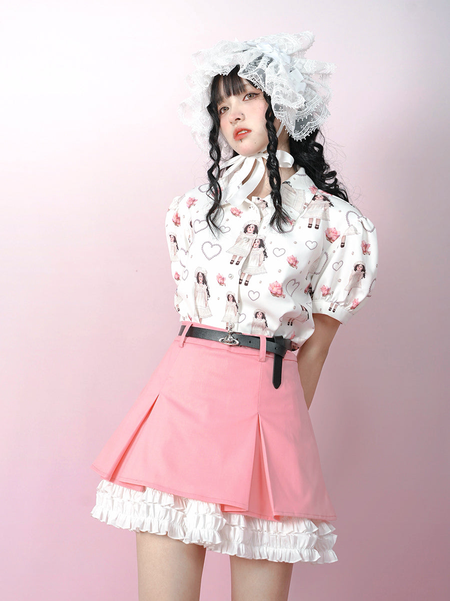 Antique Doll Rose Pearl Print Puff Sleeve Shirt