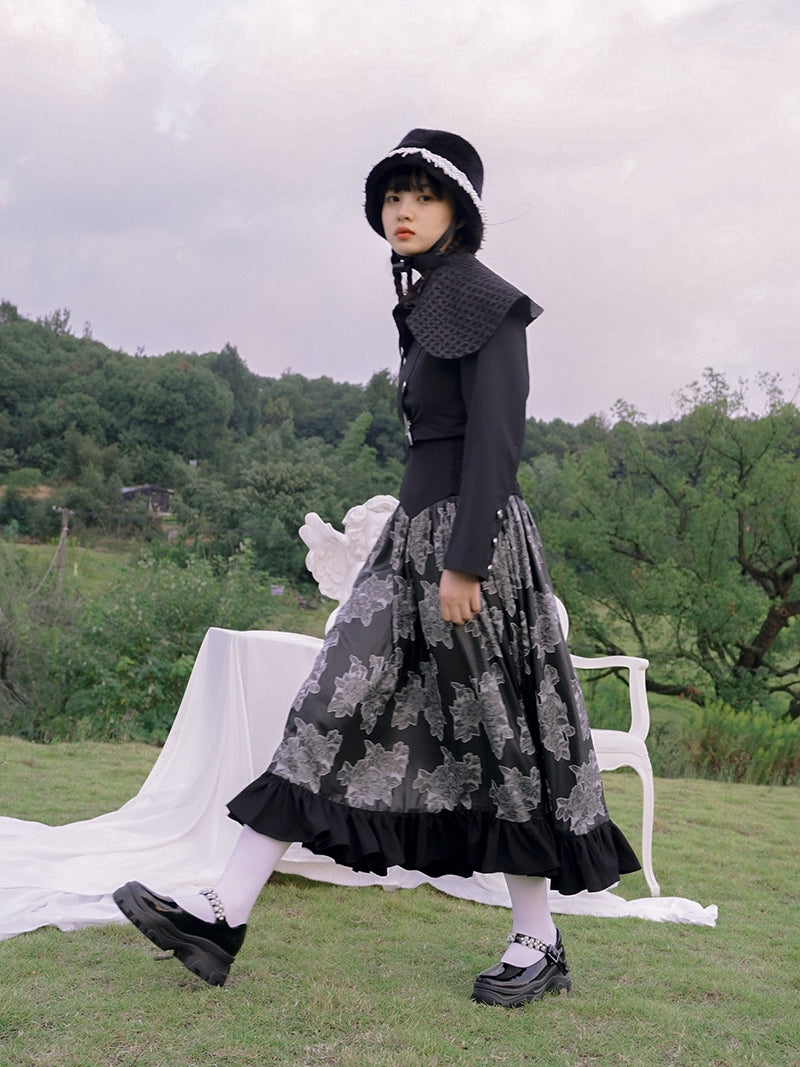 Tiered Frill Flower Retro Monotone Long Skirt