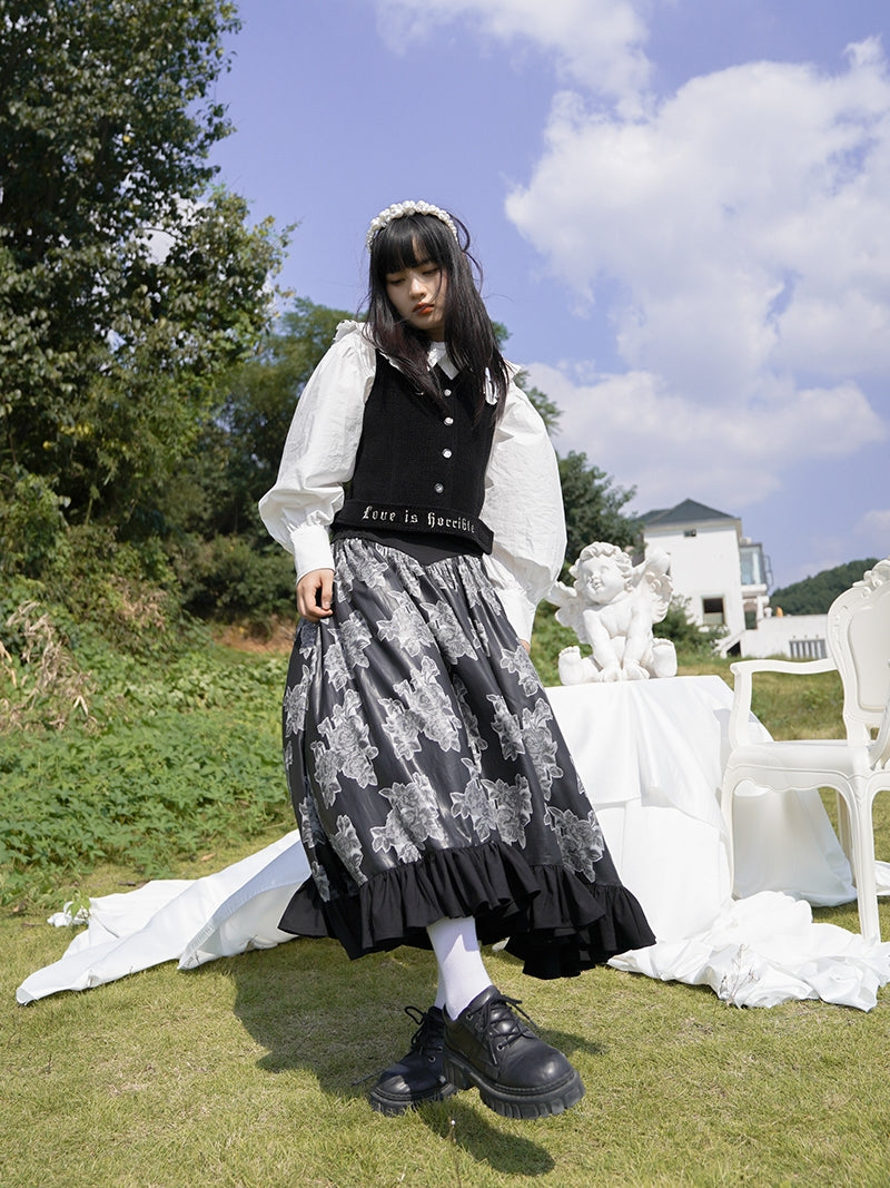 Tiered Frill Flower Retro Monotone Long Skirt