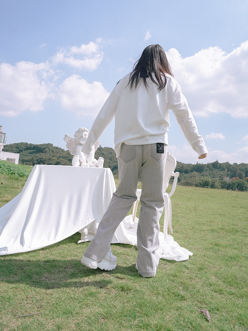 Casual Straight Denim Slit Pants