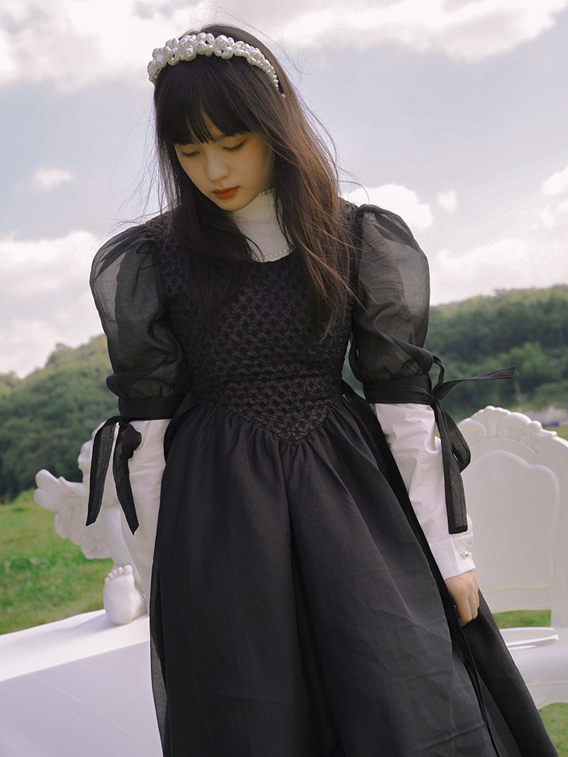 Monotone Ribbon Fluffy Ciffon One-piece