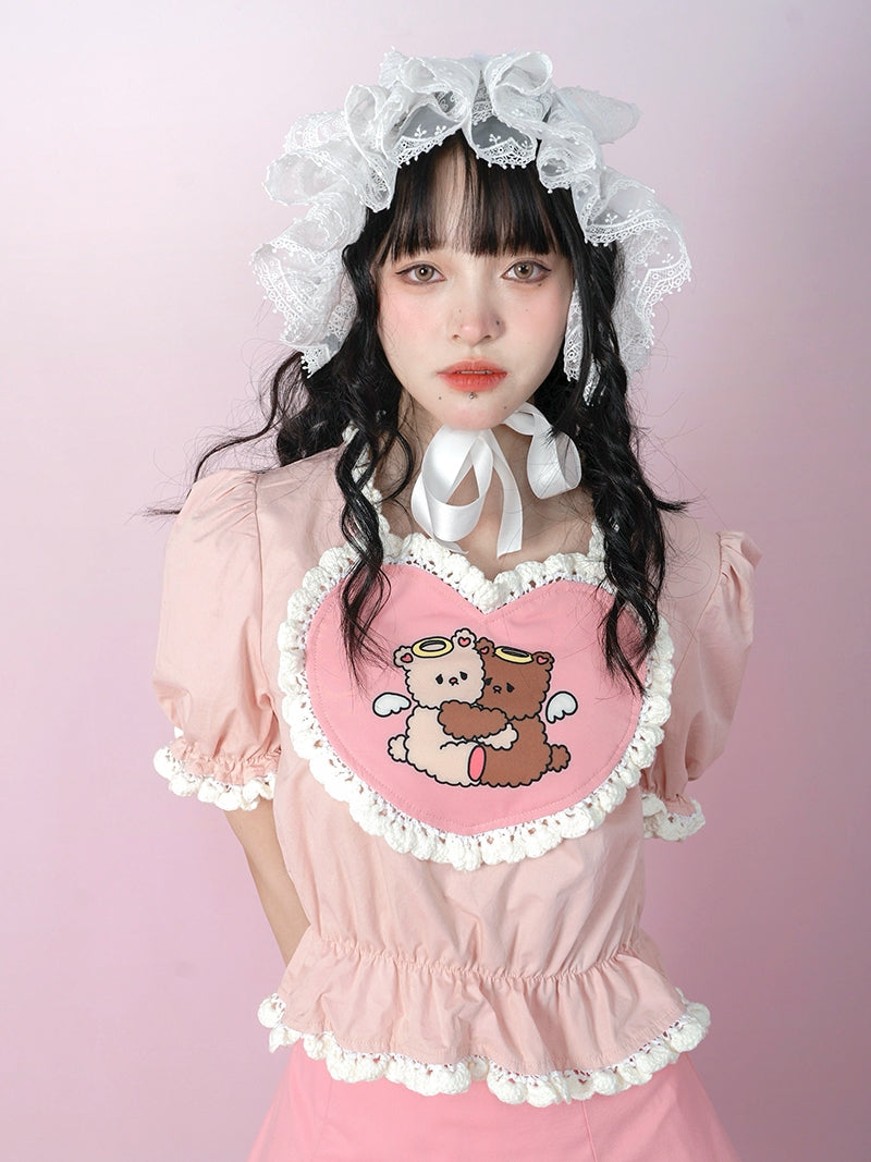 Angel Hug Bear Print Love Pink Shirt