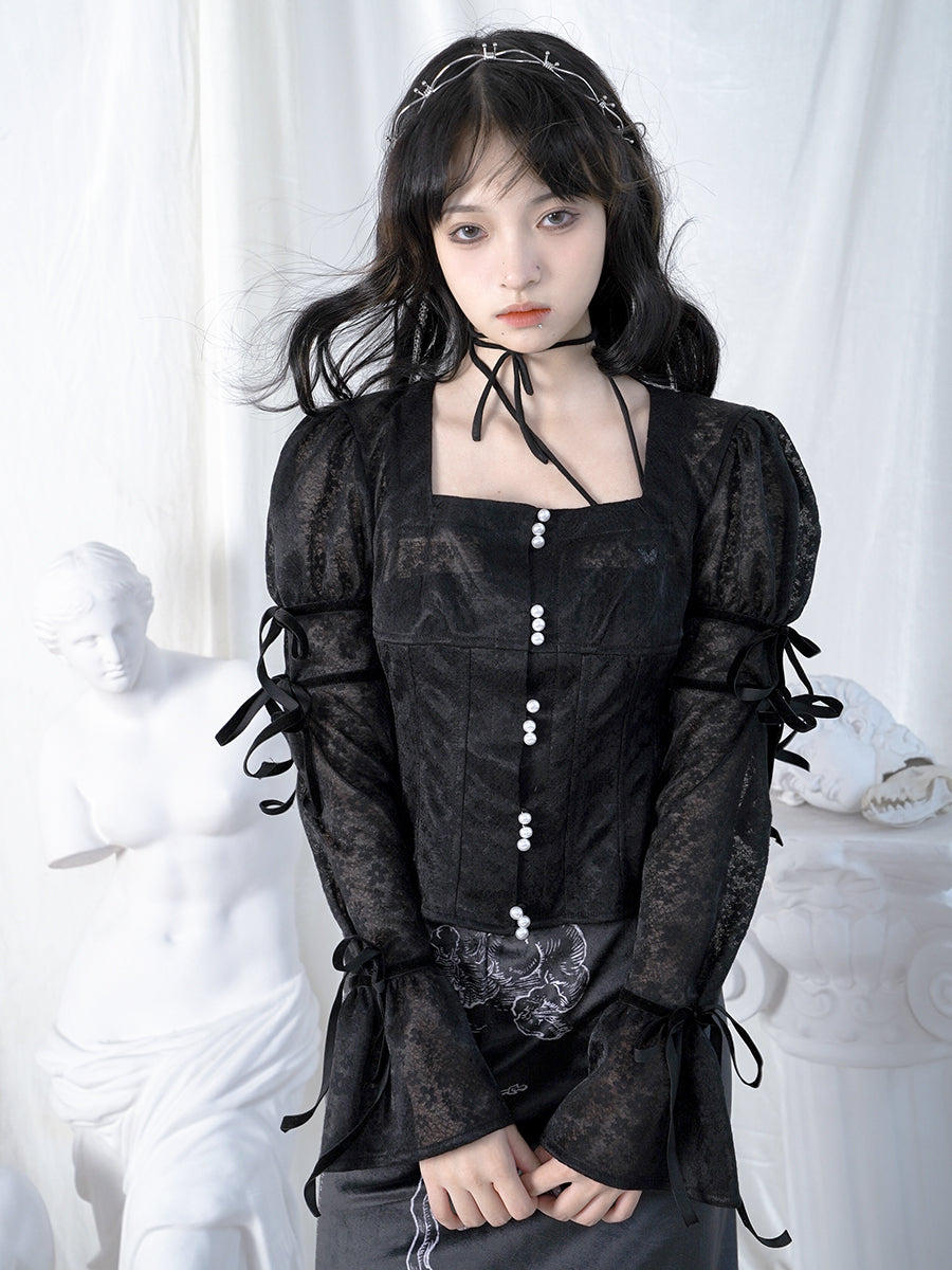 Fluffy Sheer Lace Ribbon Sweet Blouse