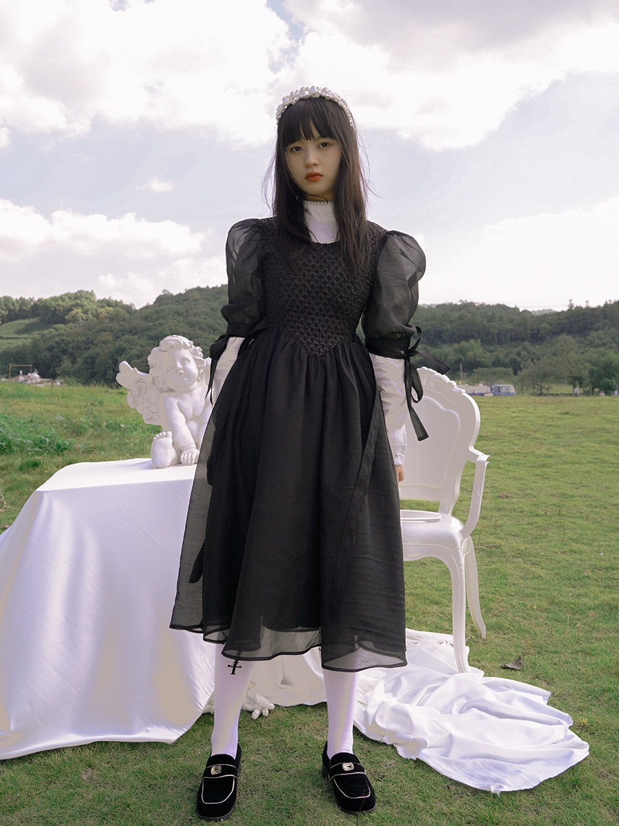 Monotone Ribbon Fluffy Ciffon One-piece