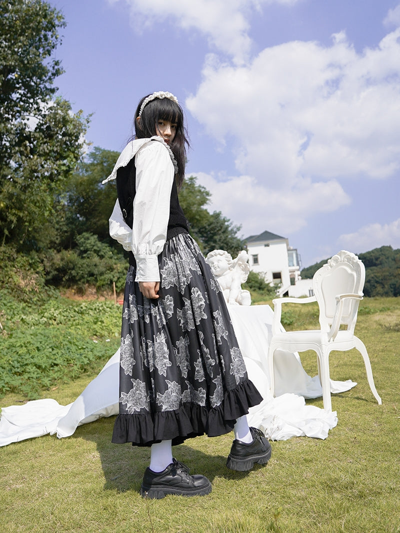 Tiered Frill Flower Retro Monotone Long Skirt