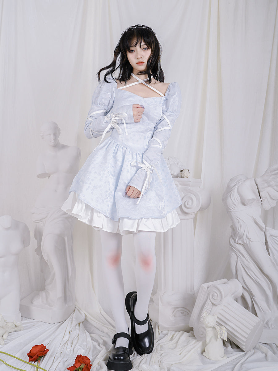 Cross Lace Grily Fluffy Ouff-sleeves One-piece