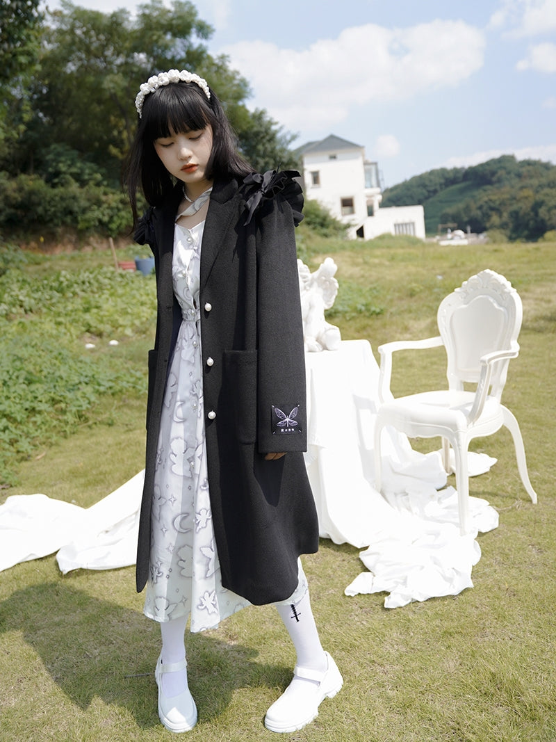 Frill Wool Girly Pearl-button Long-coat
