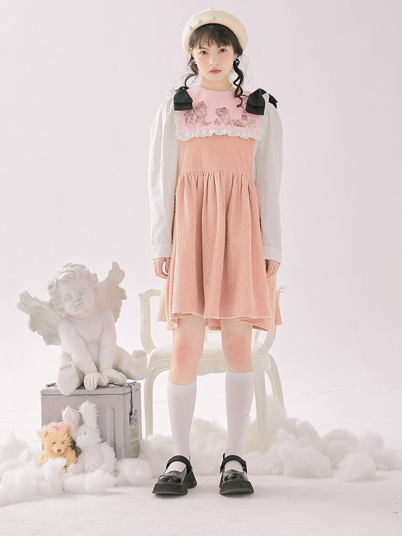 Corduroy Ribbon Fluffy Cute One-piece