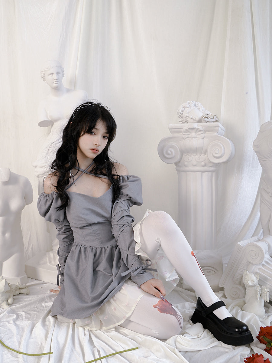 Cross Lace Grily Fluffy Ouff-sleeves One-piece